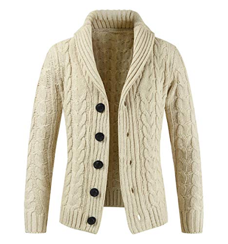 CHARTOU Men's Classic Thick Knitted Button Down Shawl Collar Cardigan Sweater (Large, Beige)