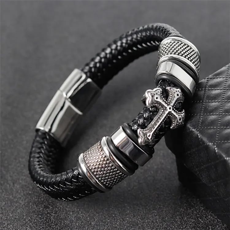 Image of THE MEN THING Leather Bracelet for Men - American Style Genuine Leather Multi-Layer Braided Bracelet with 100% Stainless Steel Magnetic Buckle for Men & Boys (8 inch)
