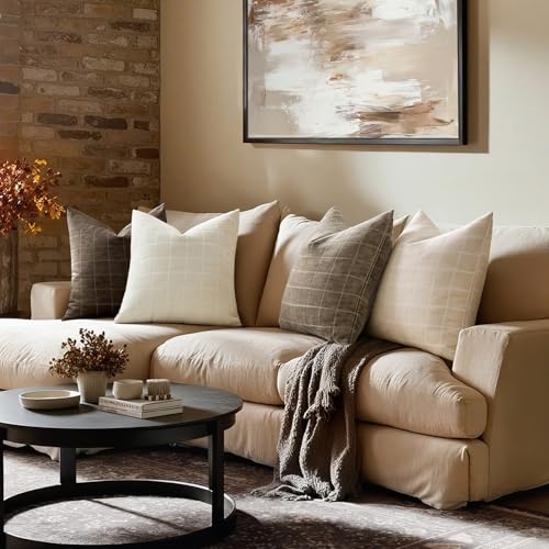 Image of MIULEE Taupe Grey Plaid Decorative Fall Throw Pillow Covers 20x20 Set of 2 | Vintage Check Chenille Couch Pillows Boho Farmhouse Cushion Covers Modern Fall Home Decor for Sofa Bed Living Room