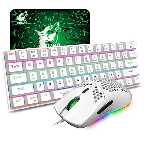 Mechanische Gaming-Tastatur-Maus Typ C kabelgebunden 61 Tasten, Regenbogen-LED-Hintergrundbeleuchtung USB-Tastatur Anti-Ghosting-Tasten, leichte RGB-Maus 6400 dpi für Computer/PC/Laptop/Mac (weiß) Cover