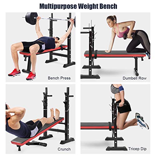 GYMAX Adjustable Weight Bench with Barbell Rack, Folding Lifting Bench for Full Body Exercise, Foldable Workout Sip Up/ Incline Bench for Home/Apartment