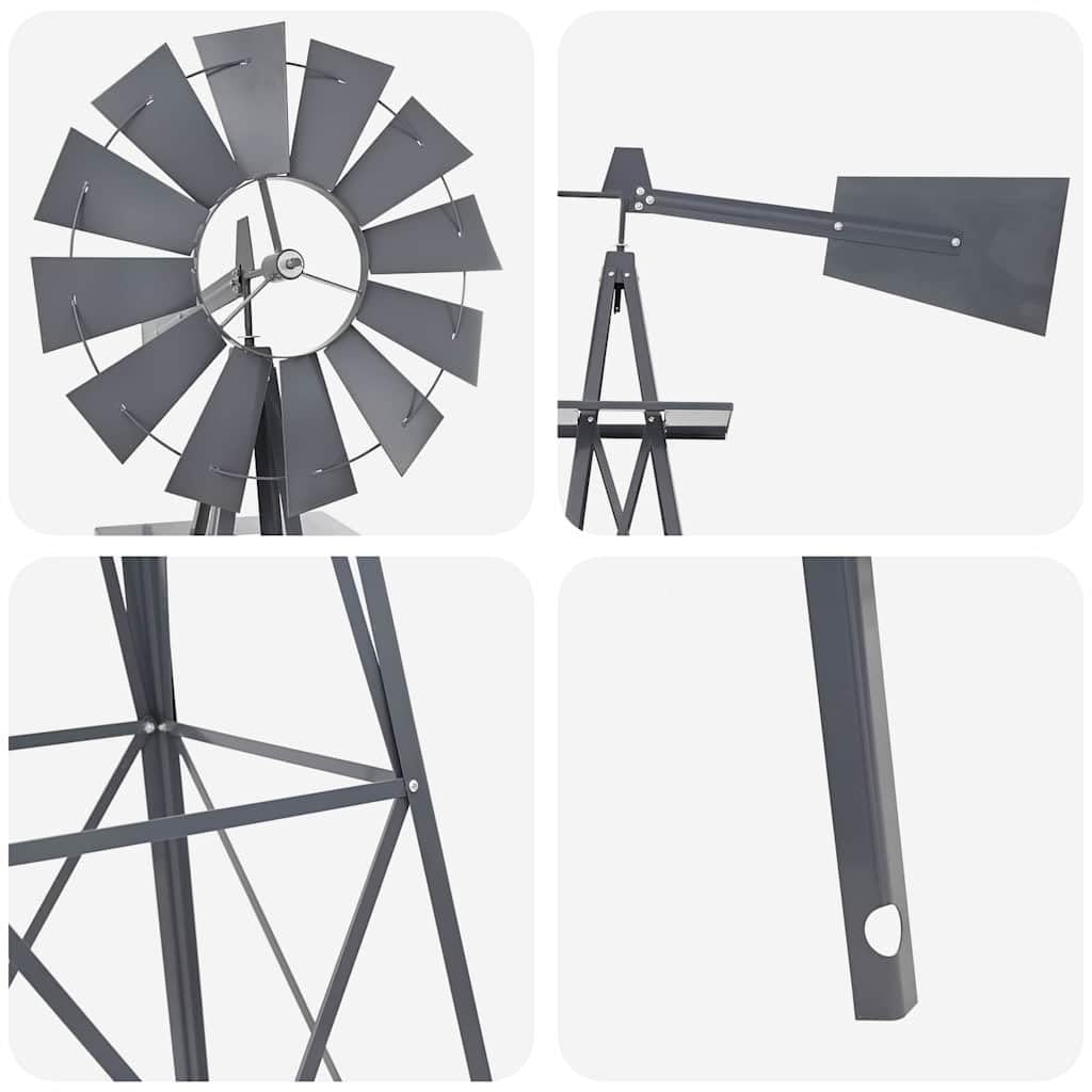 Molino de viento gris de hierro 84 x 68 x 245 cm con construcción resistente a la intemperie, para jardín, terraza, aspecto industrial, barras de apoyo estables, rodamiento de rodamiento