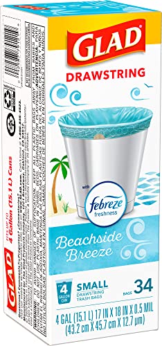 Glad Small Kitchen Drawstring Trash Bags – 4 Gallon Green Trash Bag, Febreze Beachside Breeze, 34 Count (Pack Of 6) (Package May Vary) #TOP2
