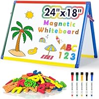SWANCROWN Magnetic Board for Kids - Tabletop White Board for Children- 24x18 Inch Double Sided Foldable Dry Erase Board Standing with 82Pcs Alphabet Magnets Whiteboard Letters