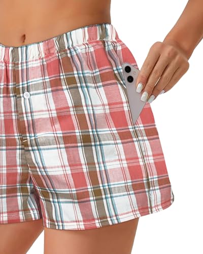 Image of Women Boxer Shorts Summer Gingham Pj Casual Plaid Bottoms with Pocket