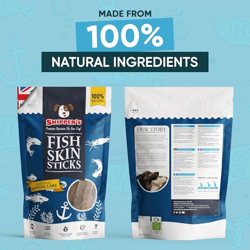 SKIPPER'S Fish Skin Dental Sticks - Natural Dog Dried Treats, Low in Fat Healthy Chews, Long Lasting Grain Free Dog Treat | White-Fish Skin Sticks For Dogs (Short, 70g)