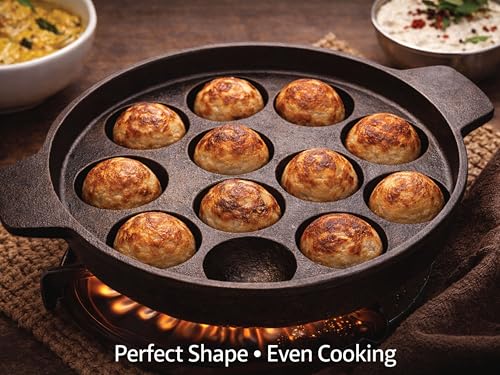 Image of Pre-Seasoned Cast Iron Paniyaram Pan 12 Cavity | Induction, Gas & Electric Stove Compatible Appe Pan | Appam Patra, Paniyarakkal, Gunta Ponganalu, Paddu Pan | Durable Cast Iron Cookware