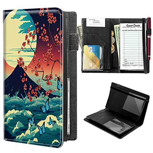 High Volume Server Books, Mount Fuji Sakura Butterfly Server Book w/ 2 Expandable Pockets 9 x 5 Cute Waitress Book Zipper Pocket & Strap Closure Waitstaff Organizer Server Booklet Waiter Money Wallet