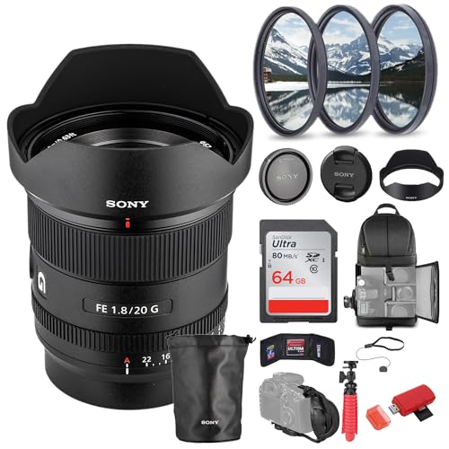 Sony FE 20mm f/1.8 G Lens (SEL20F18G) + 64GB Memory Card + Filter Kit + Backpack + Card Reader + Flex Tripod + Memory Wallet + Cap Keeper + Cleaning Kit + Hand Strap (Renewed)