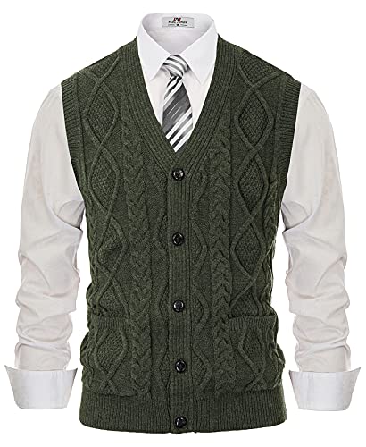 PJ PAUL JONES Mens Casual V neck Knitting Sweater Vest Sleeveless Cardigan Sweater Green 2XL