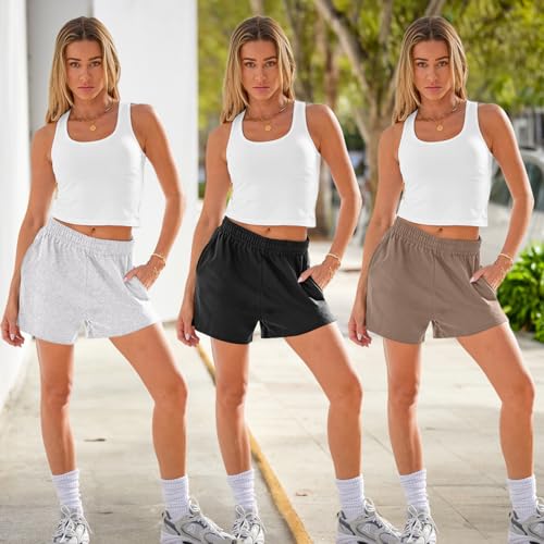Sunbs Womens Sweat Shorts Trendy Lounge Casual High Waisted Comfy Shorts Athletic Trendy Summer Drawstring Shorts With Pockets Fashion Spring Clothes 3 Pack: Black&Grey&Coffee L thumb #2