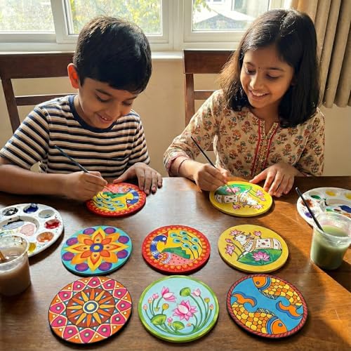 Image of ImagiVibe 3-in-1 Premium Coaster Painting Kit for Kids & Adults | DIY Mandala, Madhubani & Pichwai Art | 6 Pre-Marked Wooden 4 Inch MDF Coasters with Stand | Creative Art & Craft Activity | Gift