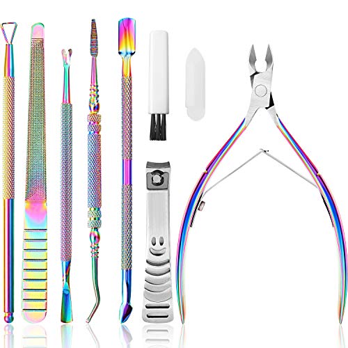 8 Pieces Nail Care Set, Include Cuticle Trimmer, Cuticle Pushers, Nail Clipper, Nail File, and Cleaning Brush Stainless Steel Pedicure Manicure Tools for Home Nail Salon