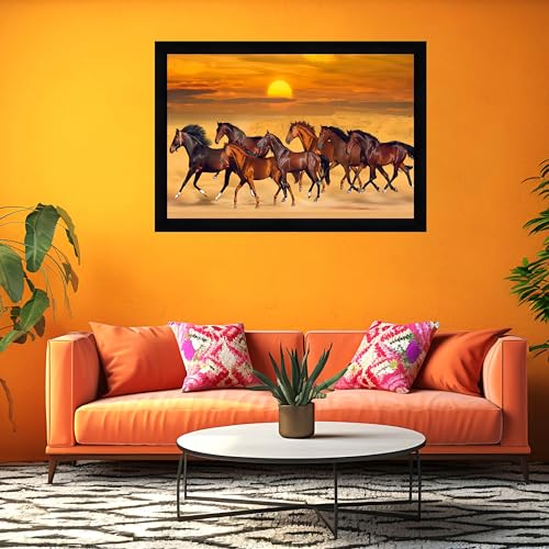 Image of Indianara Vastu Running Seven Horse Painting With Frame 20 Inches X 14 Inches (Style 10)
