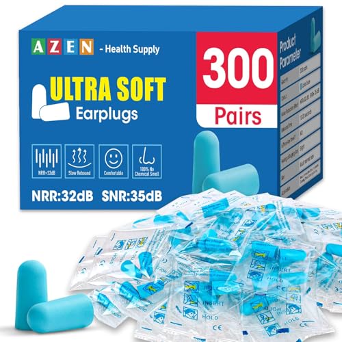 Image of AZEN 300 Pairs Ear Plugs, NRR 32dB Soft Foam Ear Plugs for Sleeping Noise Cancelling, Earplugs for Concerts Shooting Swimming Noise Reduction,Individually Wrapped (Lake Blue)
