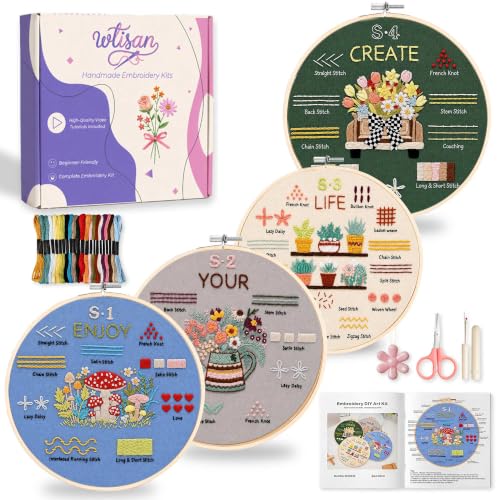 Image of wtisan Embroidery Kit for Beginners, 4 Floral Patterns Cross Stitch Kits