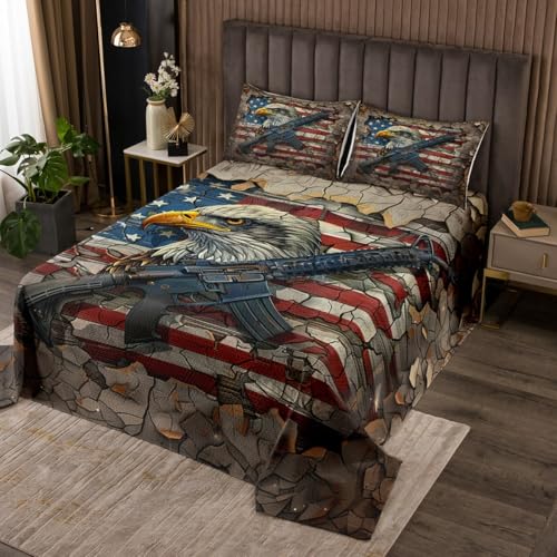 jejeloiu Independence Day Quilted Coverlet King Size Patriotic Themed Bedspread for Kids Boys Girls Decor 4th of July Coverlet Set Breathable Soft Lightweight Microfiber Bedroom Decor Dark Brown Red