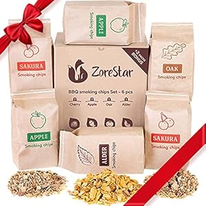 Zorestar Wood Chips for Smoker, 6 pcs Variety Pack of 100% Natural Flavored smoking wood chips! Alder wood chips, apple wood chips, Cherry wood Chips, and more! BBQ smoking chips for smoker