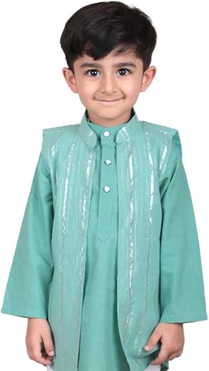 POLKA TOTS Boys Cotton Ethnic Kurta Pajama Set with Attached Koti | Ethnic Motif Wear Kids Kurta Pyjama for Boys &amp; Toddler...