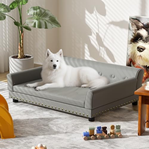 Large Leather Dog Sofa Bed: Pet Jumbo Luxury Orthopedic Lounge Made by Scratching Resistant Microfiber Leather - Elevated Furniture Style Dogs Chaise with Replacement Cover for Pets up to 120lbs - Image 3