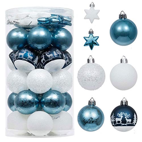 VALERY MADELYN 35 Piezas Bolas de Navidad de 5cm, Adornos Navideños para Arbol, Decoración de Bolas de Navidad Plástico de Azul y Blanco, Regalos de Colgantes de Navidad (Deseos de Invierno)