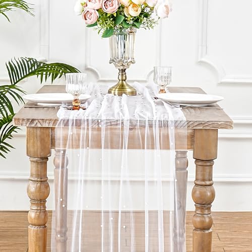 Pearl Gauze Table Runner Sheer Tulle Fabric Set of 6 White Lace Table Runners 29x120 Inch Boho Rustic Desk Centerpieces for Bridal Shower Birthday Party Wedding Arch Aisle Veil Dessert Table Decor by LuoluoHouse - Used condition - Image 5