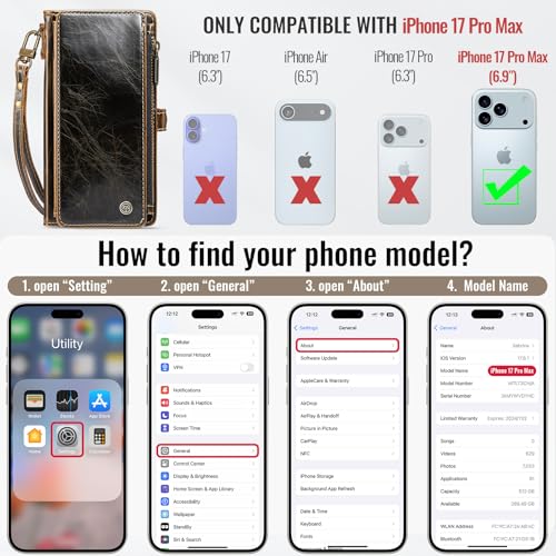 Defencase for iPhone 17 Pro Max Case Wallet with RFID Blocking Card Holder for Women and Men, Fashion PU Leather Magnetic Snap Flip Zipper Strap Wallet Phone Case for iPhone 17 Pro Max 6.9", Coffee by Defencase - Used condition - Image 2