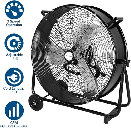 BILT 24" 8100 CFM High Velocity Drum Fan, 3-Speed Metal Black Shop Fan - UL Listed