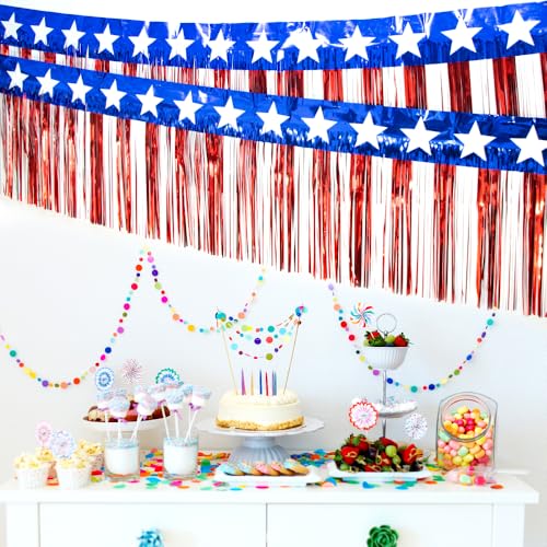 Image of 4 Packs 10 Feet Long Foil Fringe 4th of July Star Garland Memorial Day USA Red White Blue Independence Day Tinsel Metallic Streamers Patriotic Banner Car Parade Floats Garden Trailer Decor