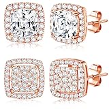 Dochais Cubic Zirconia Stud Earrings for Men Women, 14K Gold Plated Hypoallergenic 925 Sterling Silver Post Earrings Set, Iced Out Round & Square CZ Studs, Halo Earrings Rosegold 2