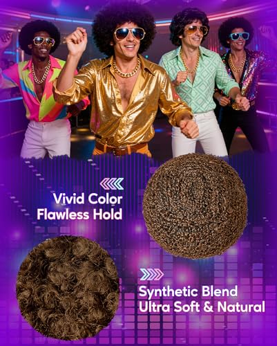 Image of Zando Afro Wig Men 70s Disco Costume - 4pcs Set(Wig+Glasses+Disco Necklace+Wig Cap) Short Brown Curly Natural Synthetic Hair 70s 80s Outfit for Hippies Cosplay Halloween Party