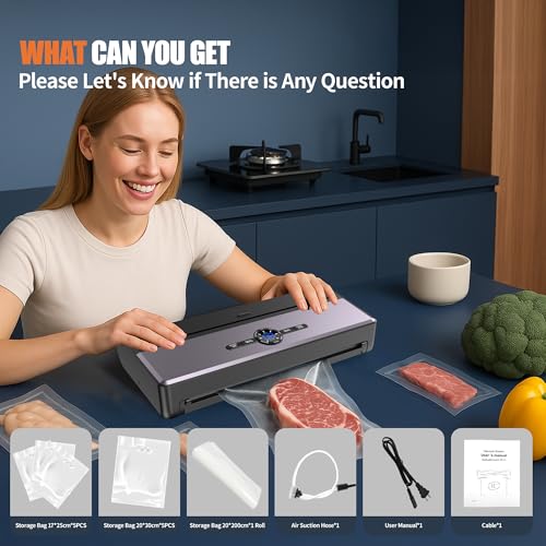 Image of Sealer Machine for Food Storage, 85KPA Strong Suction, Dry /Moist Mode, Automatic Seal in 10-20 Seconds with 10 Vacuum Bags & 1 Roll, Built-in Cutter, Bag Storage & Vacuum Hose, for Home Kitchen Use