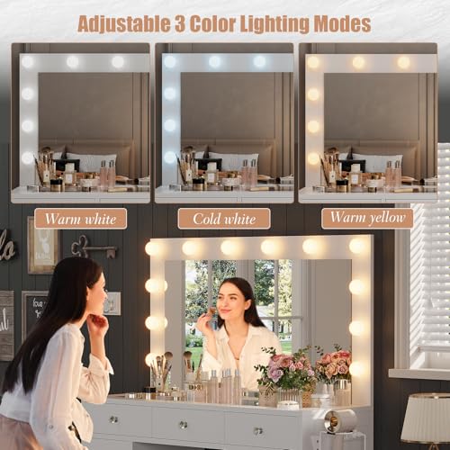 Vanity Desk with Power Outlet, 11 Drawers Makeup Vanity with Mirror and 12 LED Lights, 3 Lighting Modes, Glass Top Vanity