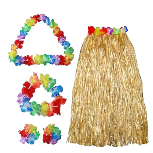 VilaGi 5 PCS Hawaiian Hula Skirt Costume Set Hawaiian Fancy Dress Grass Skirt Garlands Bracelet Necklace Hawaii Leis for Adults Summer Beach Outfits Flower Leis Tropical Party Decorations Supplies