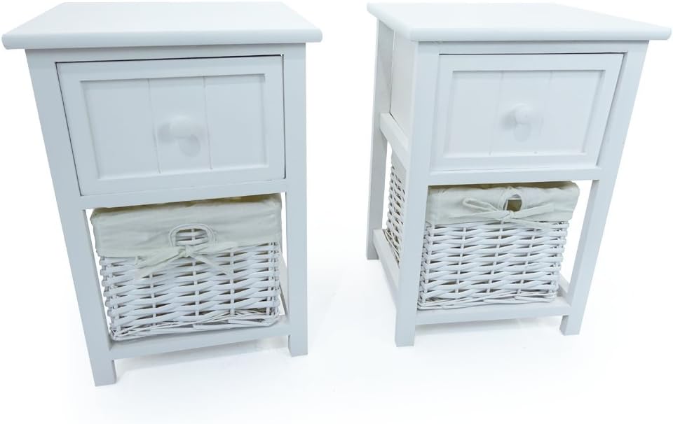 Pair Nursery/Bathroom/Bedside Table Cabinet with Drawer + Wicker Storage Baskets (White)