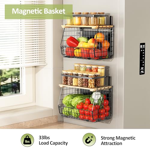 Magnetic Shelf for Fridge with Wood Lid: 2 Pack Fruit Potato and Onion Storage Bin - Magnetic Spice Rack for Refrigerato - Additional View