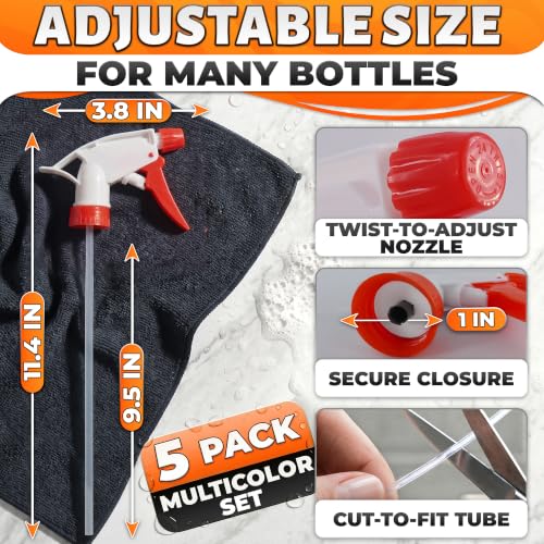 Image of 5 Pcs Spray Bottle Nozzle Replacement Pack - Heavy Duty Leak-Proof Trigger Sprayer for Cleaning, Garden, Pet Care, Auto Detailing & Kitchen - Fits 8, 16, 24, 32 oz Bottles, 28-400 Thread (Multicolor)