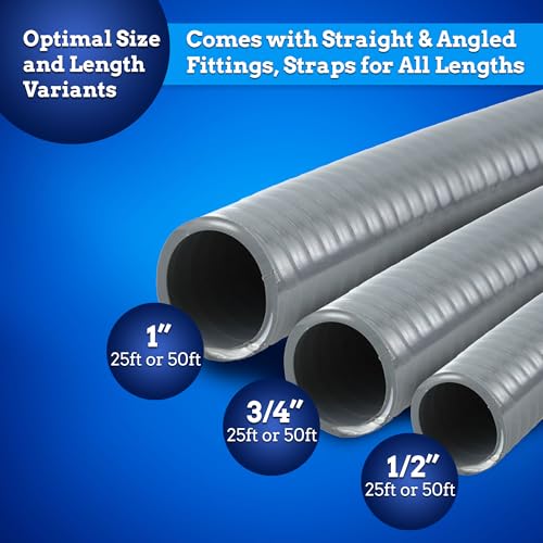 New Age America® 1\" - 50FT KableLock™ Liquid-Tight Flexible Conduit | Electrical Conduit | Non Metallic | 5pc Straight + 5pc Angle Fittings + 10pc Pipe Support Straps | Waterproof PVC Conduit | UL