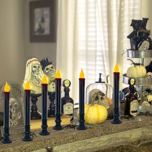 Image of Oviejo 10 Pack Halloween Black Electric Candles, Battery Operated Window Candles with Taper Flickering Bulbs, Flameless Halloween Window Candle with Timer for Table Kitchen Halloween Decor