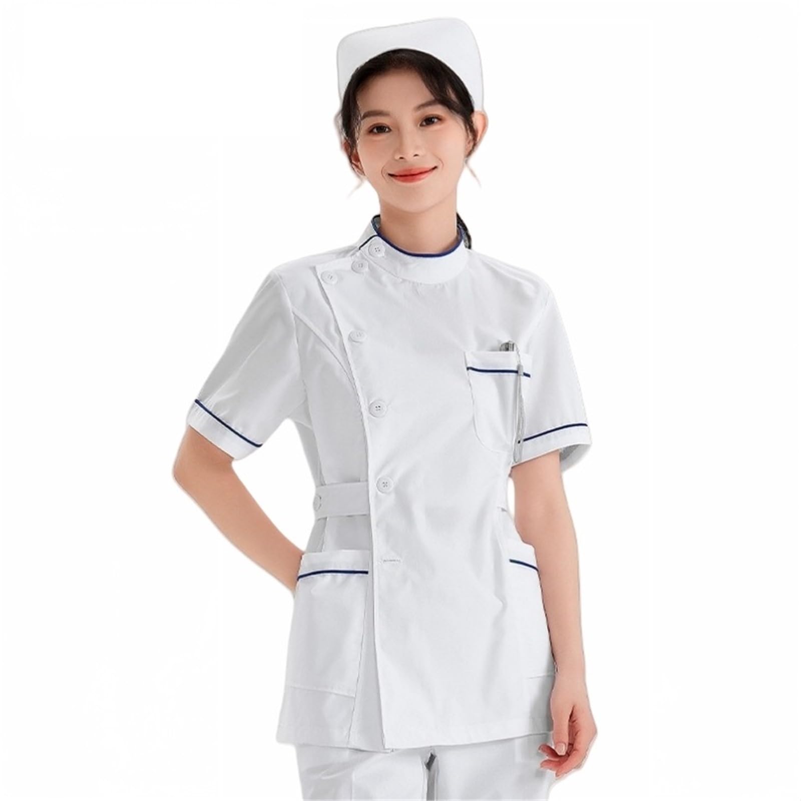 Uniformes Sanitarios Mujer Uniforme de Enfermera, Conjunto Dividido, Cuello muñeca Blanco, Manga Corta/Larga, Ropa Trabajo for salón Belleza y Hospital, Vestidos médicos | Side lapel(Long),S(Unisex)