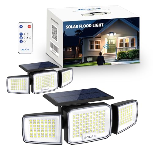 JEJOT Solar Security Light Outdoor Super Bright LED w/Remote Control, Radar Motion Sensor Flood Light, 3 Heads 270° Wide Angle, IP65 Waterproof, 3 Modes (2 Packs)
