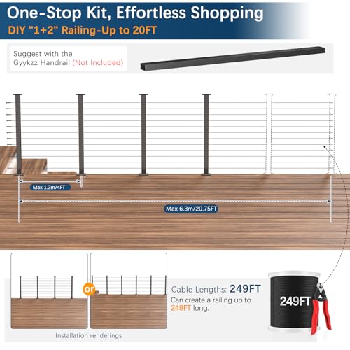Image of 12-20FT Swageless Modular Black Cable Railing Kit 42 inch, 4 Pack Stainless Steel Level Post Kit with Patent Swageless Tensioner, Upgraded Black Powder Coated Cable Railing System with DIY Length