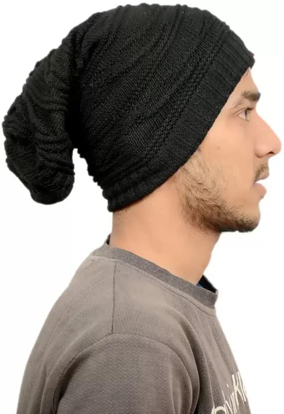 Slouchy Beanie Woolen Knitted Cap for Men Women for Winter Black Inside Fur, Freesize Slouchy Beanie Woolen Knitted Cap for Men Women for Winter Black Inside Fur, Freesize