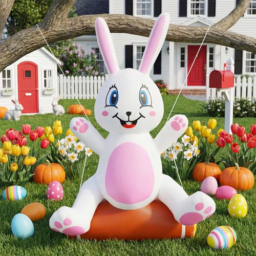 Lapin gonflable de Pâques de 1,2 m avec lumières LED – Décoration gonflable d'extérieur pour cour, pelouse, jardin, fête de Pâques – Happy...