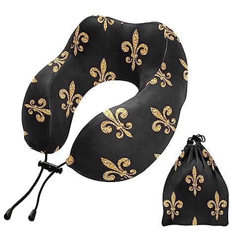Travel Pillow Gold Glitter Fleur-de-lis Airplane Neck Pillow Premium Memory Foam Travel Neck Pillow Head Support Comfortable Flight Pillow with Storage Bag for Airplane, Car, Train, Office and Home