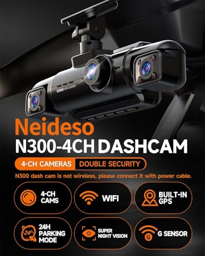 Image of Neideso 360 Dash Cam Front and Rear Inside, 4 Channel Dash Camera for Car | Free 128GB Card, 5GHz WiFi, 4K Dashcam, GPS, Night Vision 3.0, Voice Control, G-Sensor, OTA Upgrade, 24H Parking Mode(N300)