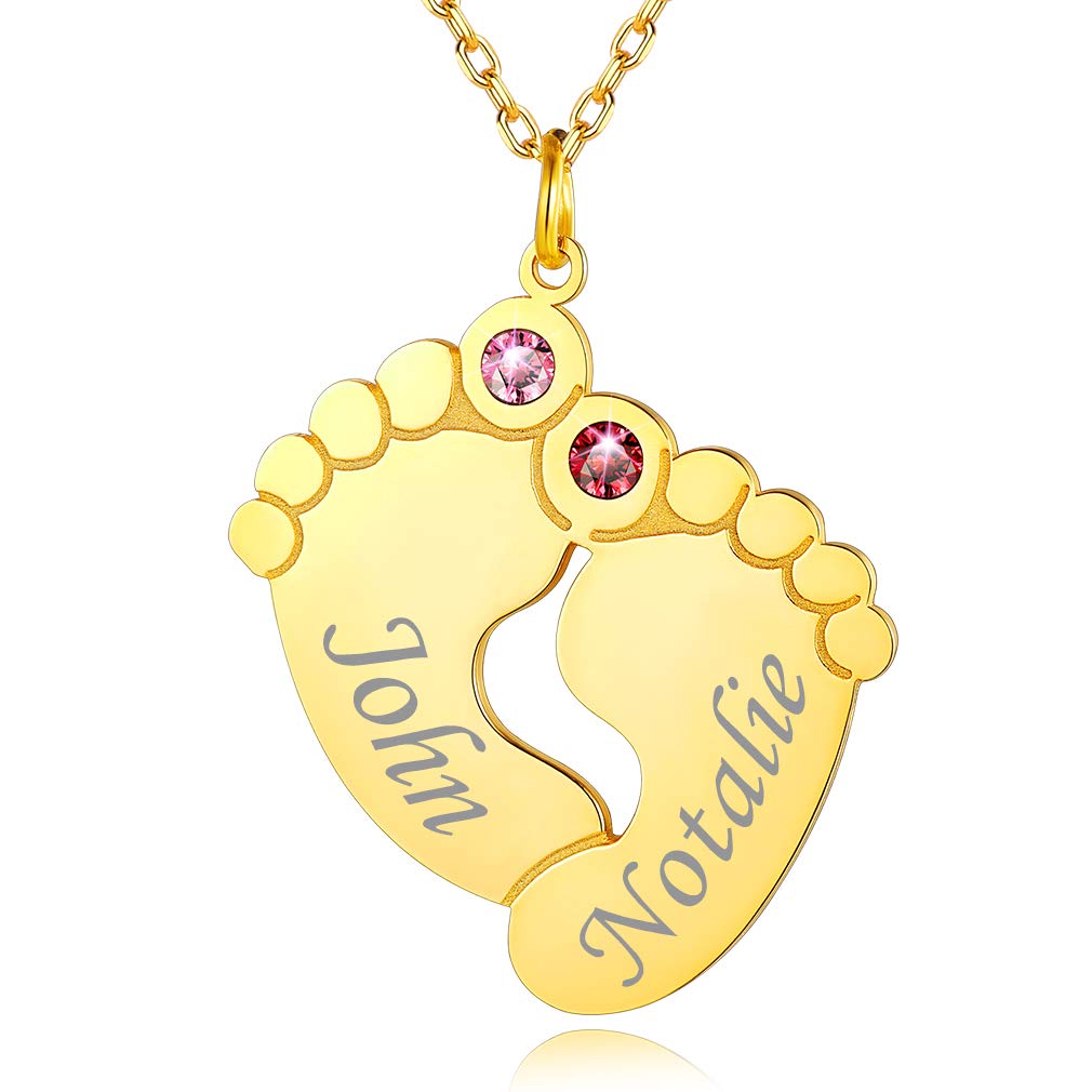 Custom4U Namenskette S925 Silber/Edelstahl Halskette Personalisierte Baby Fuß Kette Silber/18K Vergoldet Geburtsstein Baby Füße Halskette mit 1-5 Namen Geschenke für Mutter Mama Oma