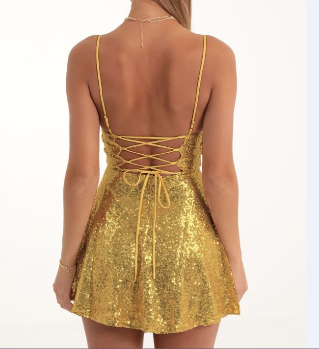 Image of FEORJGP Womens Sparkly Sequin Mini Dress Shiny Spaghetti Strap Short Dress Glitter Disco Slip Dresses Cocktail Party Clubwear