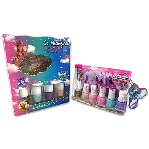 Simple Pleasures 10-Piece Nail Polish Kit with Shimmering Nail Polish Shades, Glittery Toe Separator, Emery Board Nail File, 50 Nail Stickers, and Clear Plastic Carry Pouch Purse with Zipper
