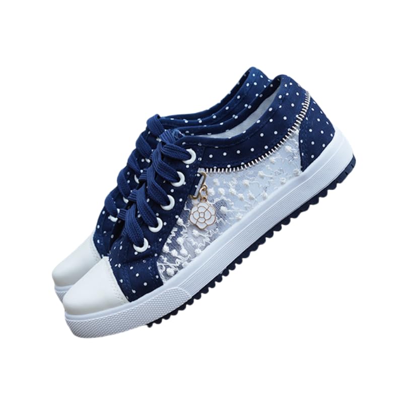 Light Blue Women's Floral Mesh Sneakers - Lace-Up Low Tops with Rhinestone Accents, Casual Shoes, Synthetic Cover Sole